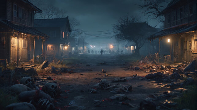 The quiet village is thrown into chaos as zombies rise from the ground, their hungry moans filling the air, Generative AI
