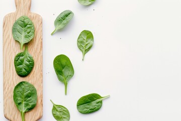 Obraz premium Fresh Sliced Spinach on Wooden Board Against White Background with Copy Space - Nutrition - Culinary Arts - Vegan Cooking
