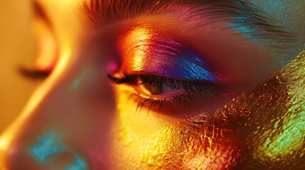 Detailed and colorful makeup on a gold backdrop, photo-realistic, emphasizing luxury and sophistication