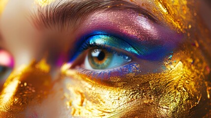 Detailed and colorful makeup on a gold backdrop, photo-realistic, emphasizing luxury and sophistication