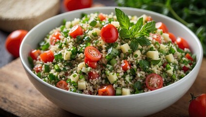 Fresh, colorful tabbouleh salad featuring bulgur wheat, diced tomatoes, parsley, and green onions, served in a white bowl, creating a healthy and refreshing dish.