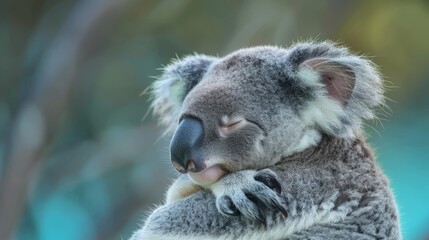  A koala, close-up, head on tree branch, eyes closed, chest resting