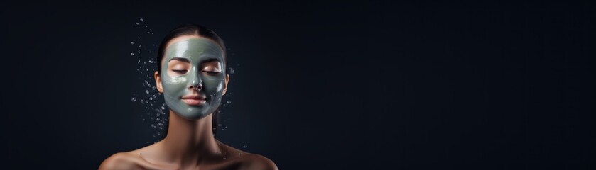 Beautiful young Caucasian woman with facial mask on her face on a background with Copy Space. Young woman with clay mask on her face. Beautiful Caucasian female with cosmetic Facial Mask, copy space.