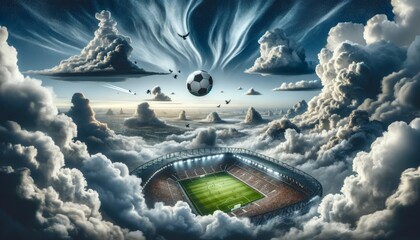 Soccer ball flying over stadium surrounded by clouds