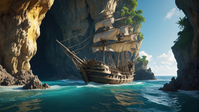 On the deserted island, a marooned sailor discovers a hidden cave filled with glittering pirate gold, Generative AI