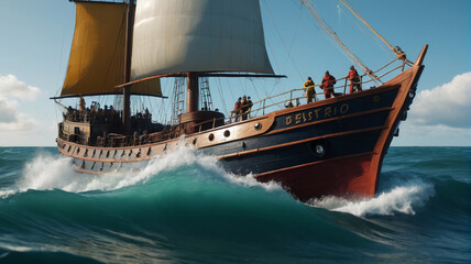 Obraz premium Amidst the crashing waves, a brave captain battles a giant sea serpent threatening his ship and crew, Generative AI