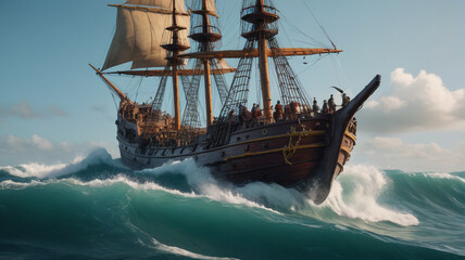 Obraz premium Amidst the crashing waves, a brave captain battles a giant sea serpent threatening his ship and crew, Generative AI