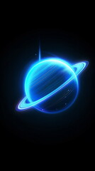 3D Blue Neon Planet with Rings, Illuminating Against a Black Background in Vector Illustration