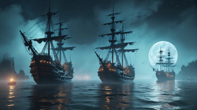 Beneath the moonlit sky, a fleet of ghost ships glides silently through the mist, their captains bound by an eternal curse, Generative AI