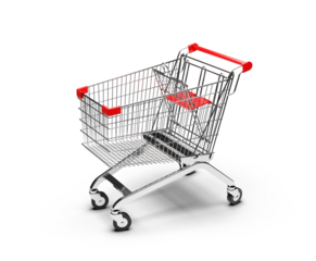 Empty shopping cart with red handles angled view