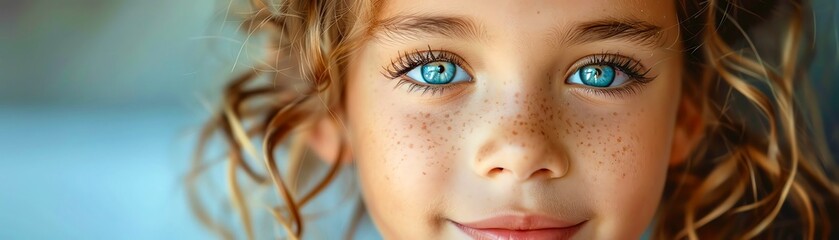 Obraz premium A beautiful young girl with freckles and blue eyes smiles at the camera. She has long, curly hair and a warm, friendly expression on her face. She is wearing a simple white dress.
