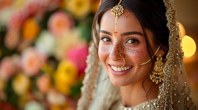 A beautiful Indian bride wearing a traditional red and gold wedding dress smiles shyly at the camera