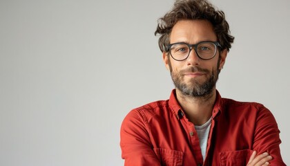 Obraz premium Man Wearing Glasses and Red Shirt Standing Against White Background