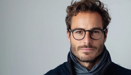 Obraz premium Portrait of a Man With Glasses Wearing a Scarf Against a Grey Background