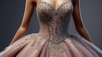 The opulent ballgown on the mannequin dazzles with its beaded bodice and full tulle skirt, a vision of regal splendor and sophistication, Generative AI