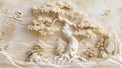 Beautiful Chinese landscape 3d relief wallpaper. Mural wallpaper. Wall art. AI generated illustration.