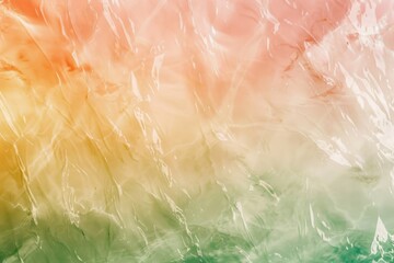 Fototapeta premium Abstract background of a crumpled plastic sheet reflecting green and orange light, creating a textured and colorful gradient
