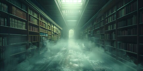 Unveiling the eerie atmosphere of a library as dust particles float in the faint light. Concept Library, Eerie Atmosphere, Dust Particles, Faint Light, Unveiling