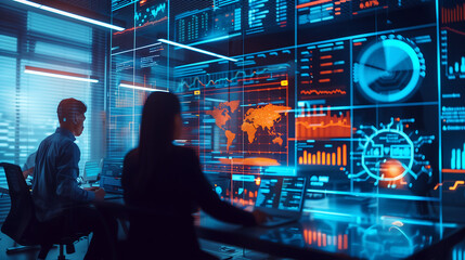 futuristic office with holographic displays showing data and graphs surrounded by high-tech equipment and digital interfaces, symbolizing advanced AI technology for managing global trade