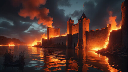 Fototapeta premium Surrounding the ancient stronghold, the moat glows with flickering flames, a fiery barrier warding off intruders with its ominous glow, Generative AI