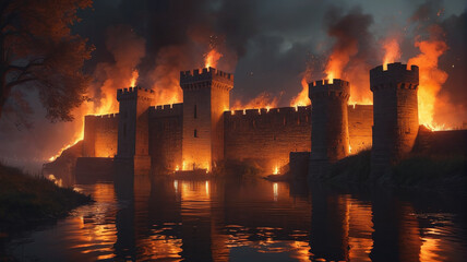 Fototapeta premium Surrounding the ancient stronghold, the moat glows with flickering flames, a fiery barrier warding off intruders with its ominous glow, Generative AI