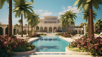 Fototapeta premium A luxurious resort with palm trees, pristine beaches, and elegant architecture, captured in stunning HD