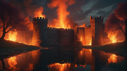 Fototapeta premium Surrounding the ancient stronghold, the moat glows with flickering flames, a fiery barrier warding off intruders with its ominous glow, Generative AI