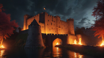 Surrounding the ancient stronghold, the moat glows with flickering flames, a fiery barrier warding off intruders with its ominous glow, Generative AI