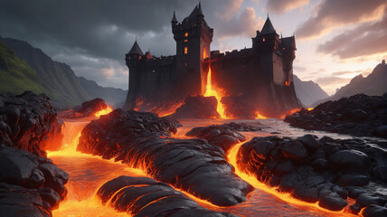 Fototapeta premium The castle stands amidst a swirling pool of molten lava, its moat a river of fire that dares any who seek to breach its fiery embrace, Generative AI