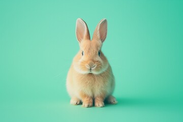 Obraz premium A studio photo of a cute rabbit against a background of pastel colours, taken with soft lighting. Space for copy. 