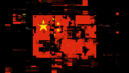 3D rendering flag China with screen effects of technological glitches