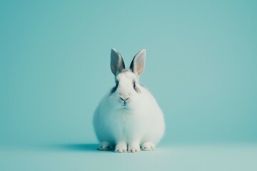 A studio photo of a cute rabbit against a background of pastel colours, taken with soft lighting. Space for copy. 