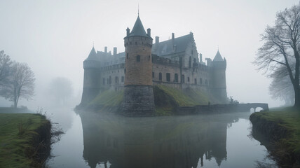 Obraz premium Surrounded by a dense fog, the castle's moat becomes an impenetrable barrier, hiding the fortress from prying eyes, Generative AI