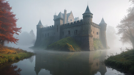 Fototapeta premium Surrounded by a dense fog, the castle's moat becomes an impenetrable barrier, hiding the fortress from prying eyes, Generative AI