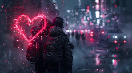 Fototapeta premium Cyberpunk Style, Amidst the chaos of doomsday, two hearts find serenity in each other's embrace., polychromatic