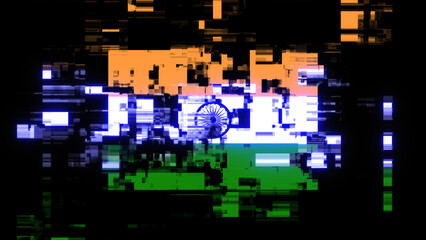 3D rendering flag India with screen effects of technological glitches