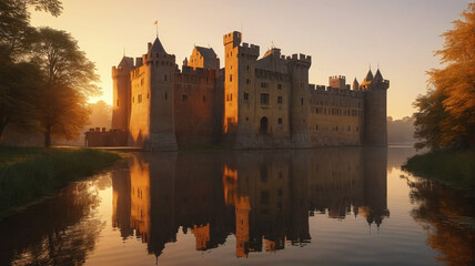 At dawn, the castle's moat reflects the golden hues of the rising sun, bathing the fortress in a warm, inviting glow, Generative AI