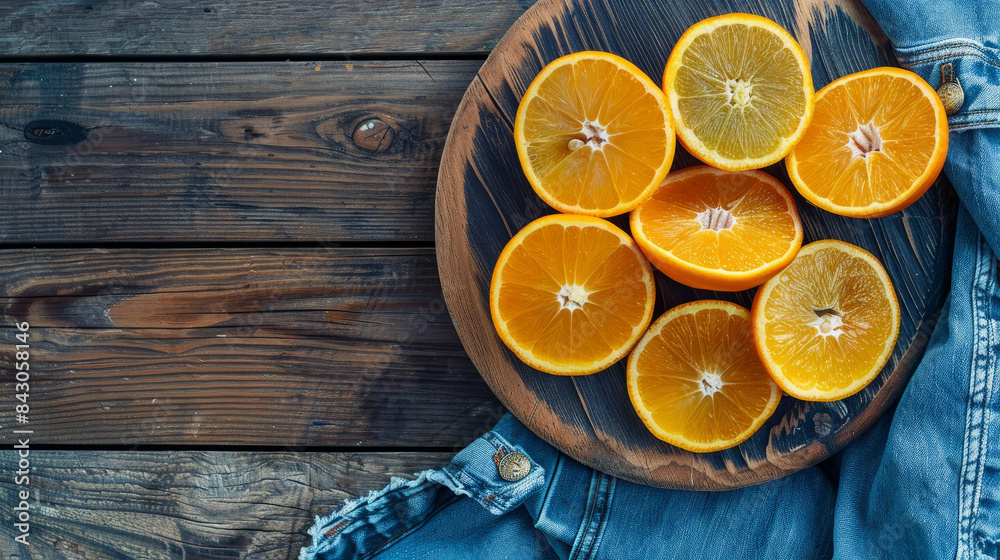 Wall mural fresh orange slices are artfully arranged on a wooden board next to blue denim fabric. this minimali - Wall murals