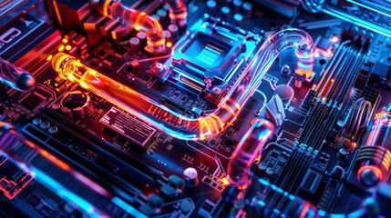 High-Tech Gaming PC with RGB Liquid Cooling System - Futuristic Hardware Setup, Close-Up, Neon Lights, and Transparent Tubes