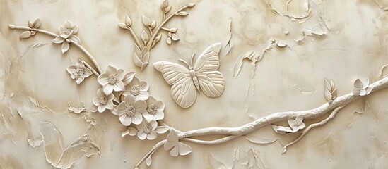 Beautiful butterfly 3d relief wallpaper. Mural wallpaper. Wall art. AI generated illustration.