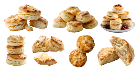 Scone biscuit bread bun on transparent cutout, PNG file. Many assorted different angles, stack, broken, pile. Mockup template for artwork
