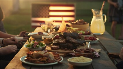 Naklejka premium Assorted delicious grilled meat with vegetable on a barbecue