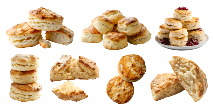 Scone biscuit bread bun on transparent cutout, PNG file. Many assorted different angles, stack, broken, pile. Mockup template for artwork