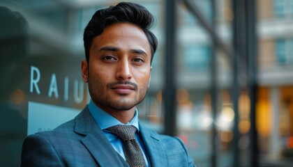 Fototapeta premium Young Man Wearing Blue Suit Stands In Front of Building
