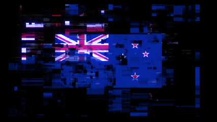3D rendering flag New Zealand with screen effects of technological glitches
