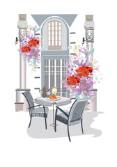 Series of backgrounds decorated with flowers, old town views and street cafes. Cafe window.   Hand drawn vector architectural background with historic buildings. 
