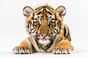 Obraz premium Cute tiger cub lying on white background.