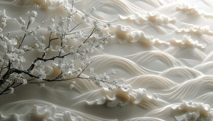 White Cherry Blossom Branch and Carved Wave Pattern Wall Art