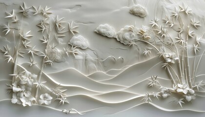 White Paper Cutout Artwork of Bamboo, Mountains, and Clouds