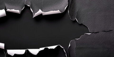 Top view of black torn paper revealing a black background, creating a dramatic contrast. Ideal for announcements, promotions, and advertisements requiring a bold visual impact